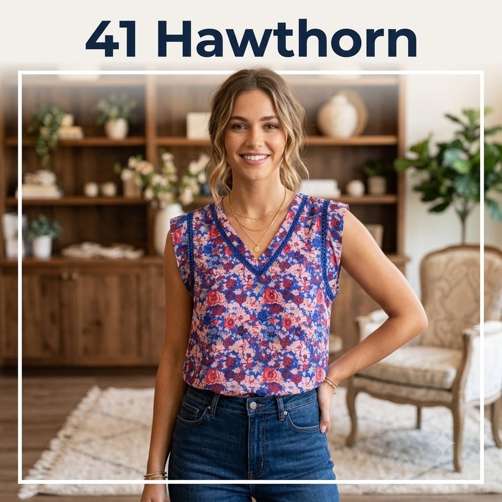 41 Hawthorn Floral V-Neck Sleeveless Blouse Blue Red Crochet Trim Top Workwear